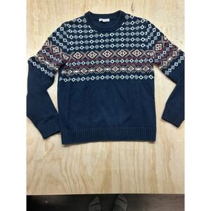 Frye and Co Womens Navy Blue Fair Isle Cotton Blend Crewneck Sweater Small